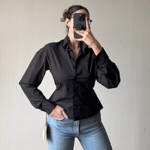 NWT ALAÏA Black Fitted Peplum Button-Down Poplin Shirt